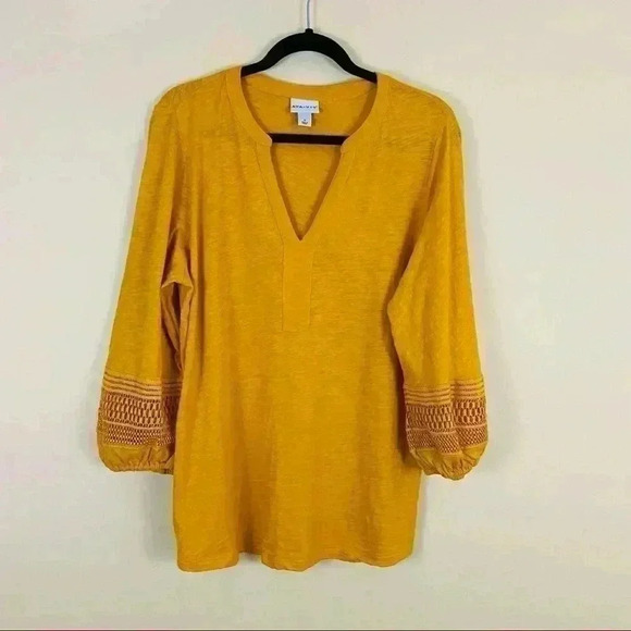 Ava & Viv Golden Yellow V-Neck Balloon Sleeve Cotton Light Weight Blouse Size14W - Picture 4 of 11